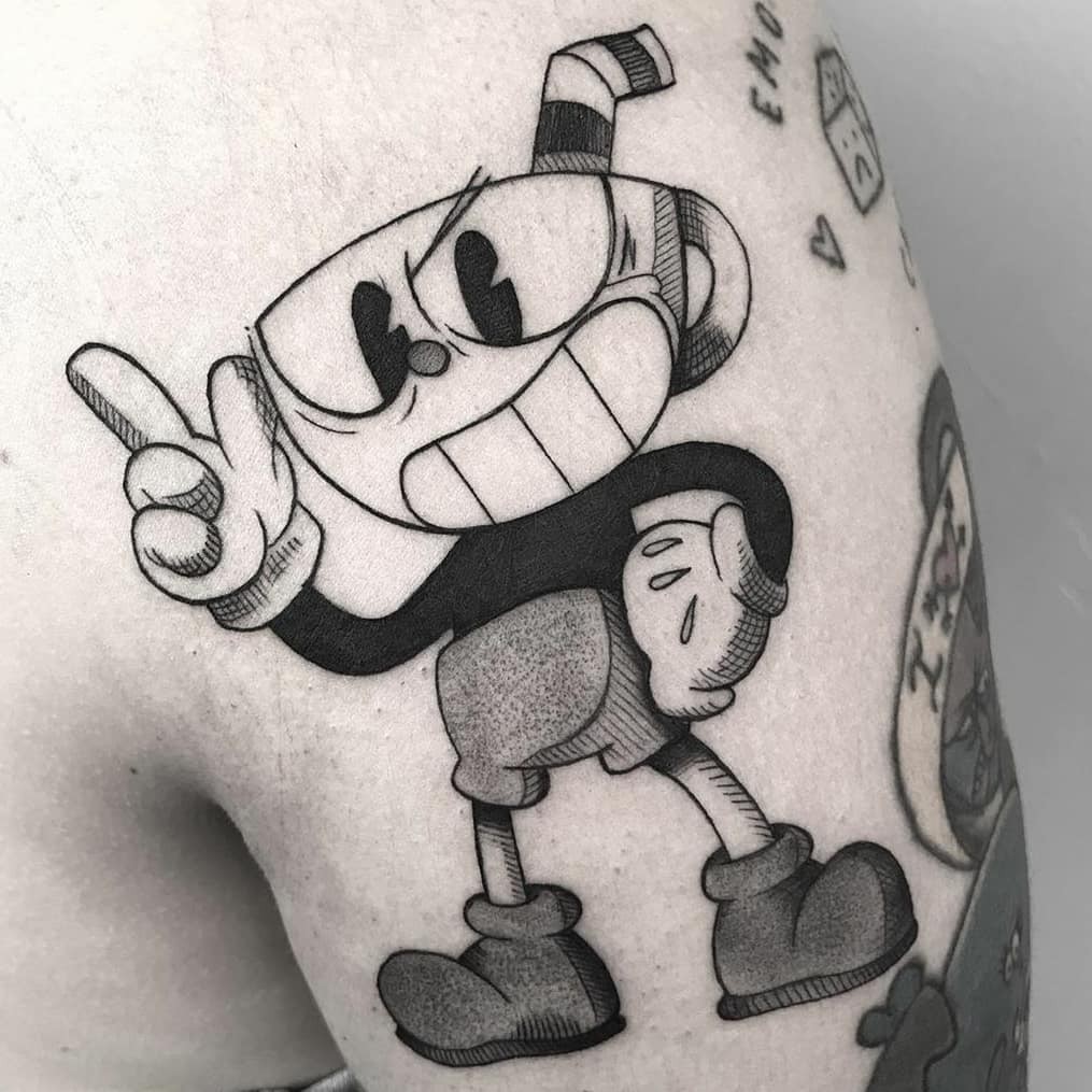 Black And White Cuphead Tattoo