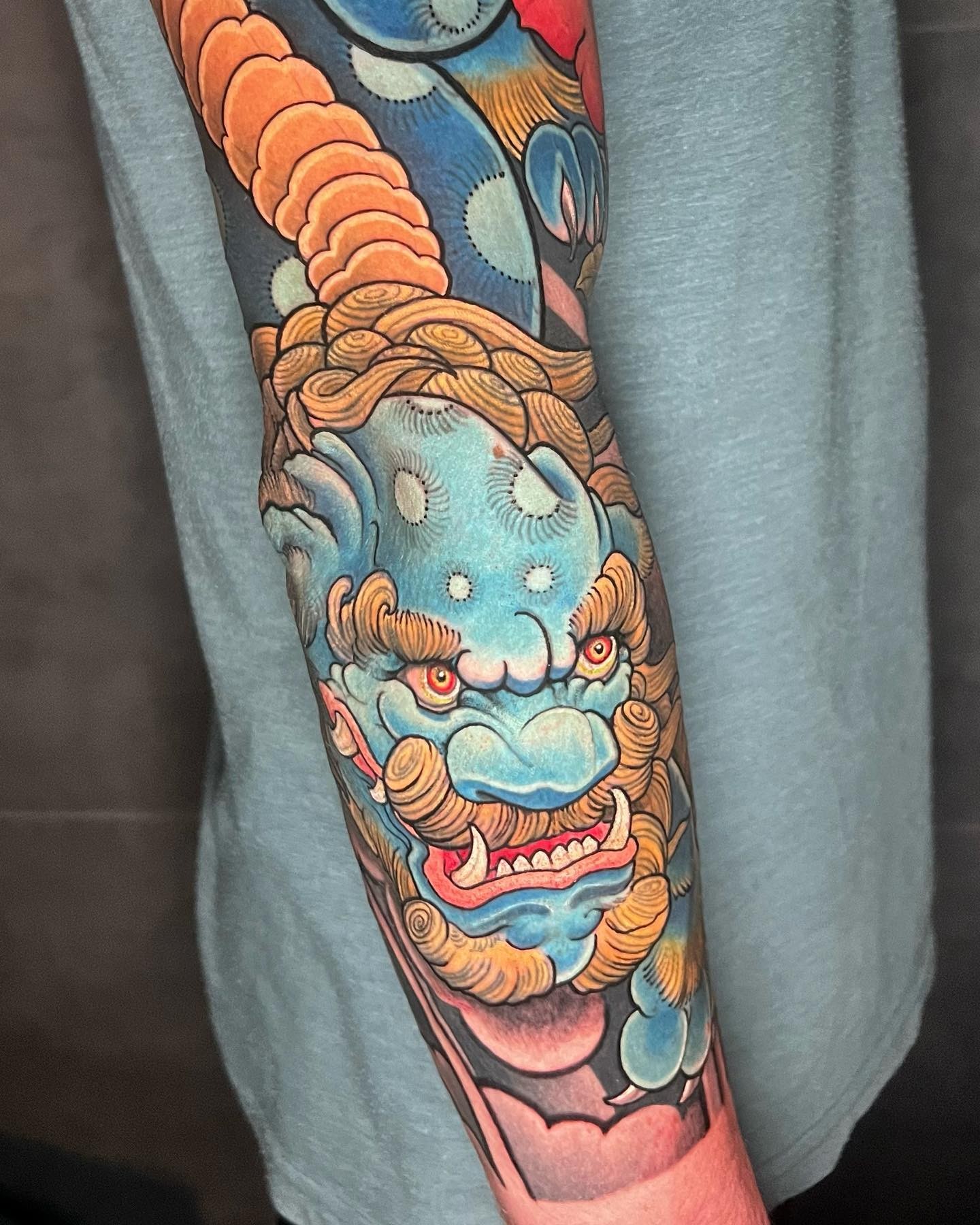 Traditional Japanese Foo Dog Tattoo On Sleeve