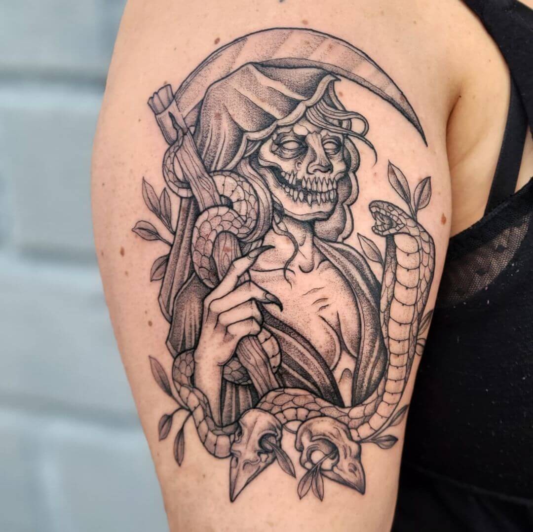 Female Grim Reaper Arm Tattoo With Snakes