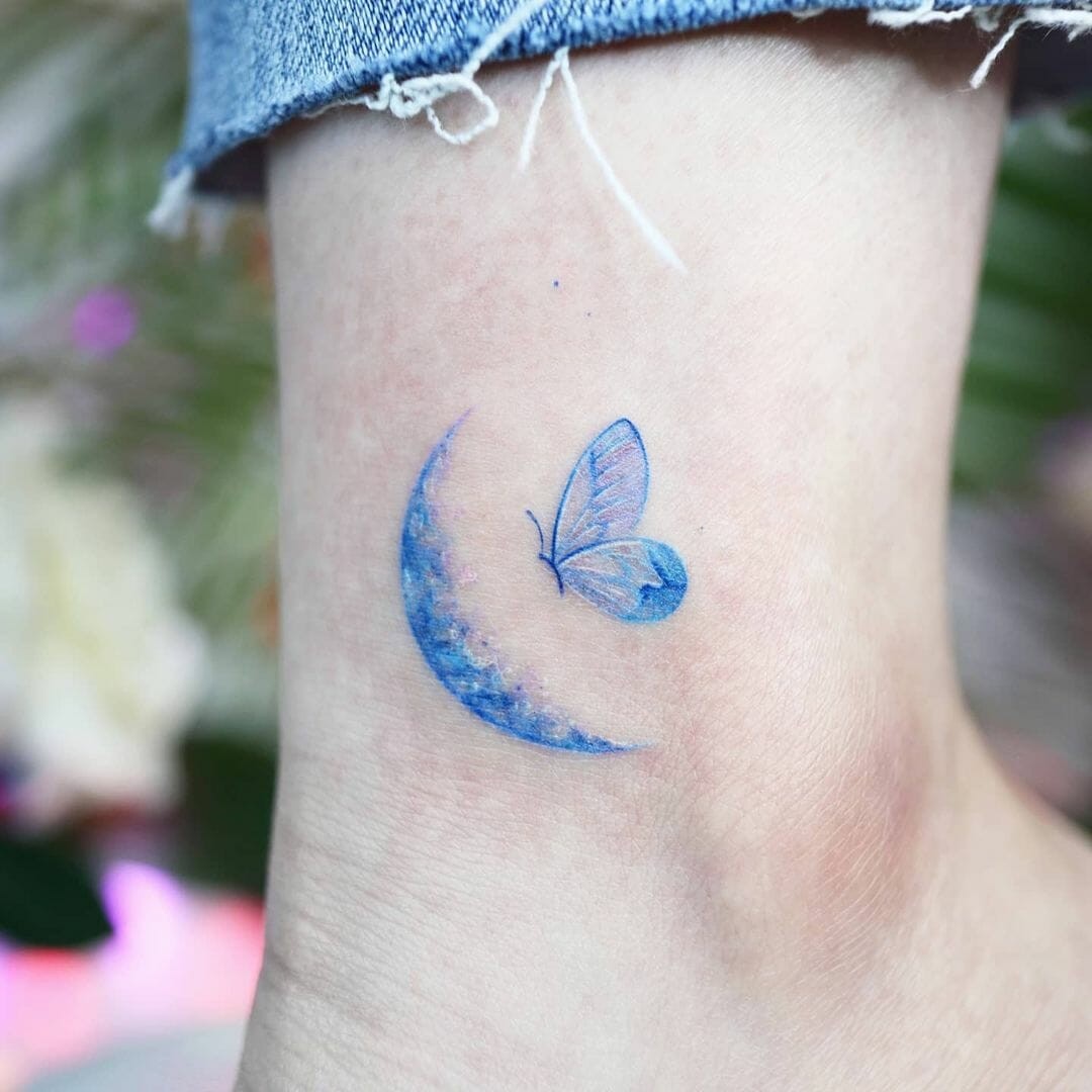 Butterfly X Blue Crescent Moon Tattoo Design