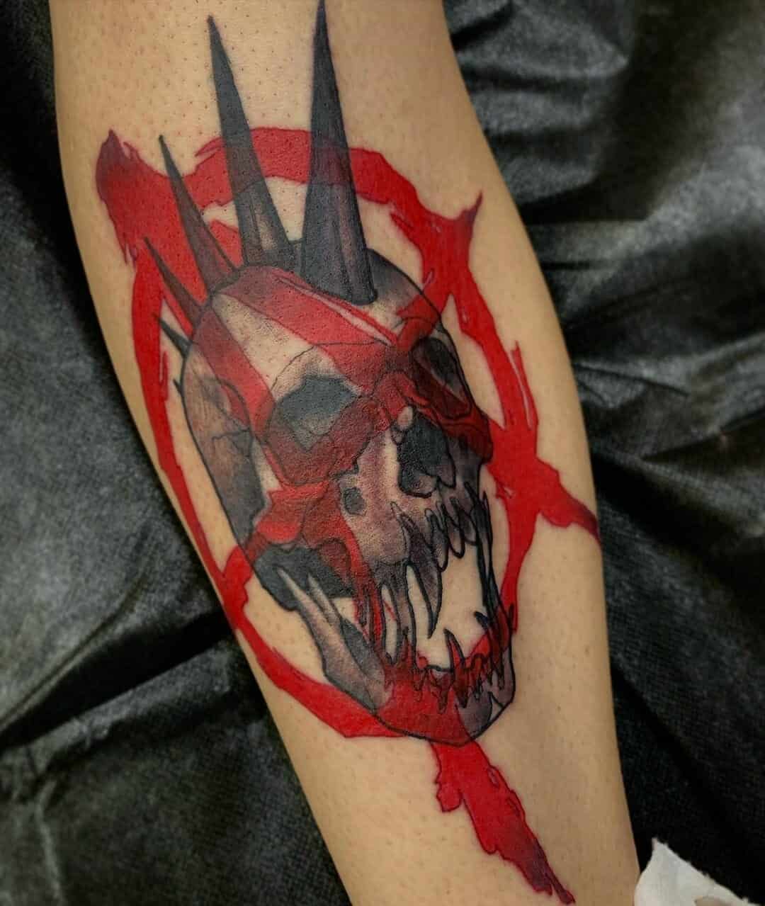 Unique Punk Skull Tattoo Piece Red Paint Anarchy Symbol Tattoos Ideas For Anarchists