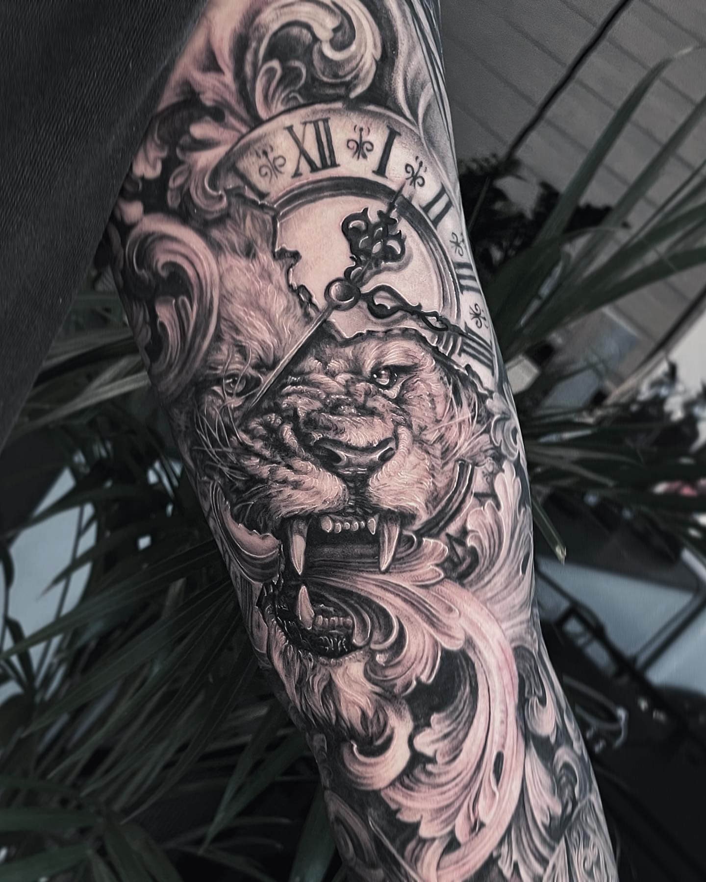 Lion And Clock Tattoo On Shoulder