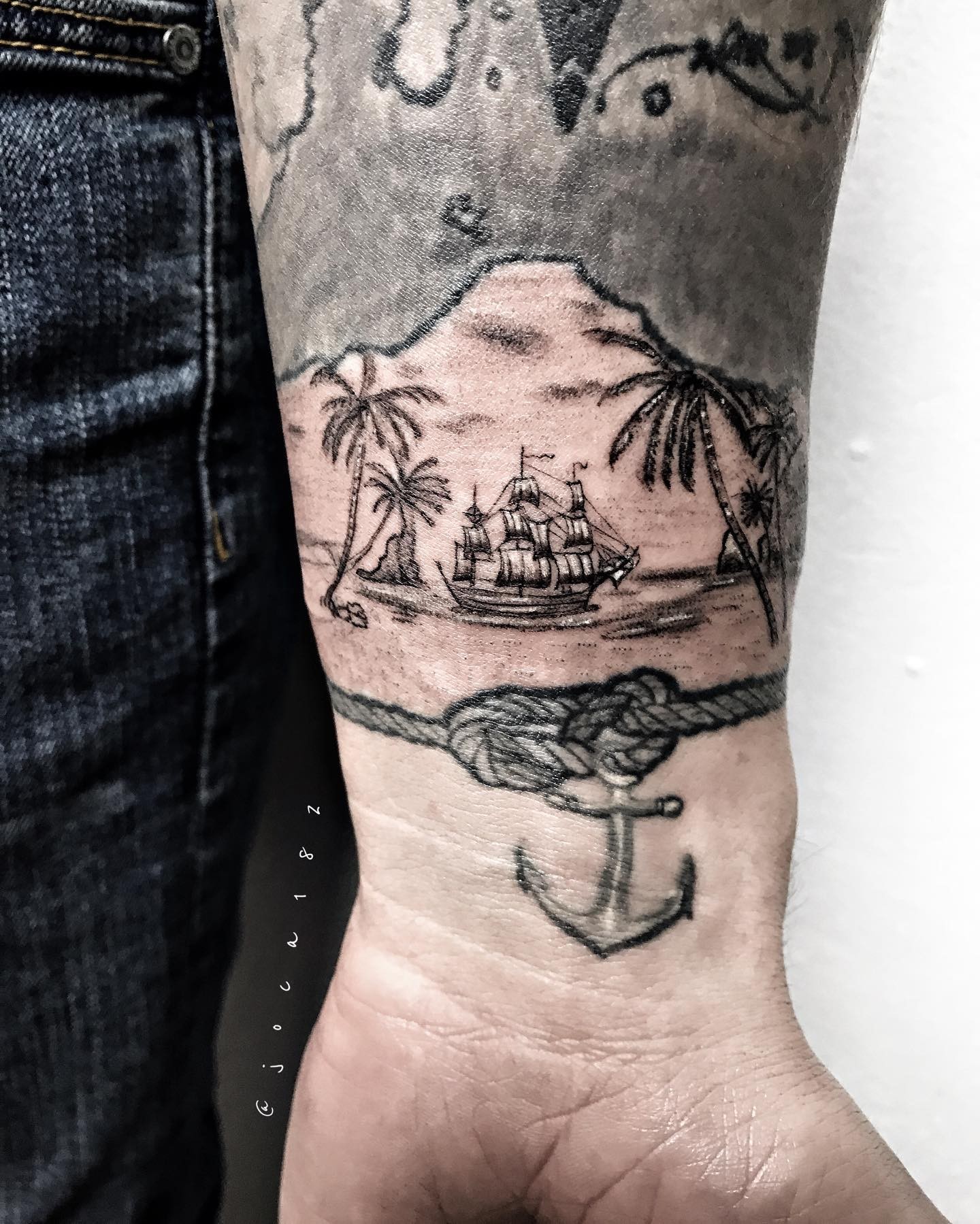 Compass And Small Sailors Sailing Ship Tattoo Ideas