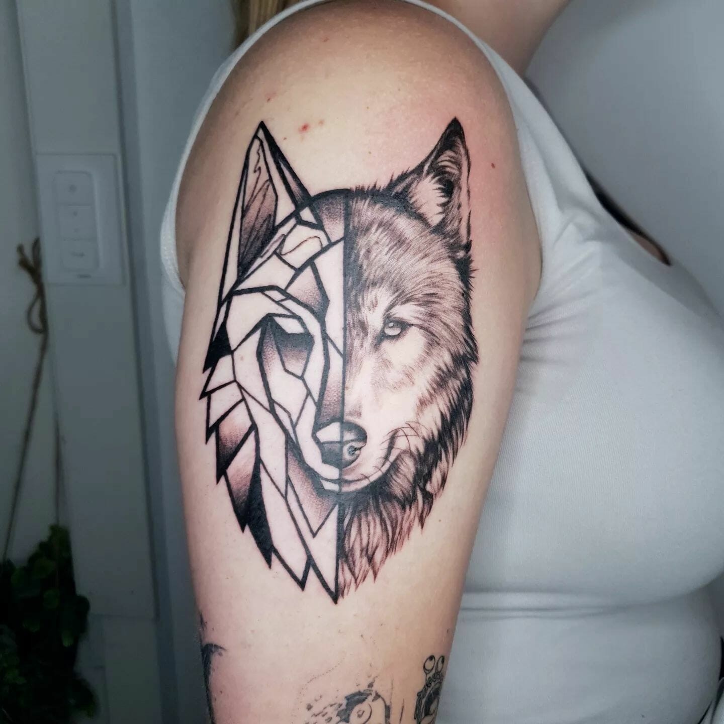 Half Portrait Half Geometric Wolf Tattoo