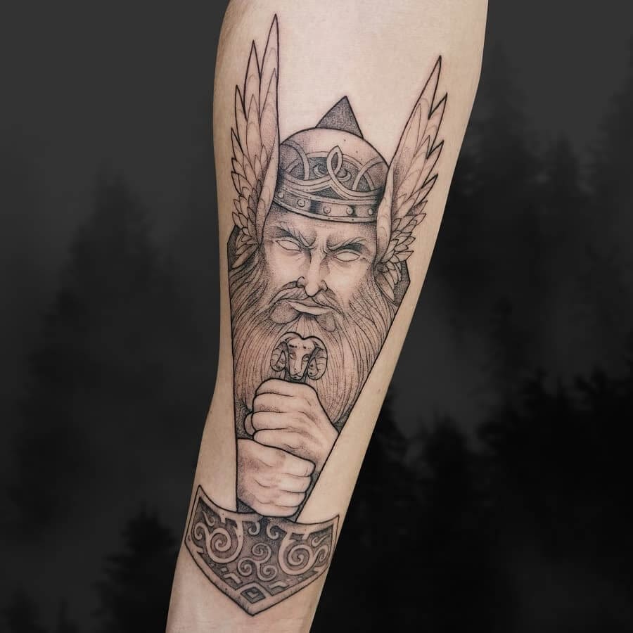 Thor Tattoo With Wing Inspired Helmet