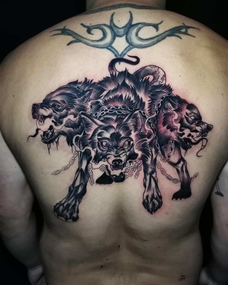 Cool Chained Up Three Headed Dog Tattoo With Snake Tail Over Back Cerberus Tattoo