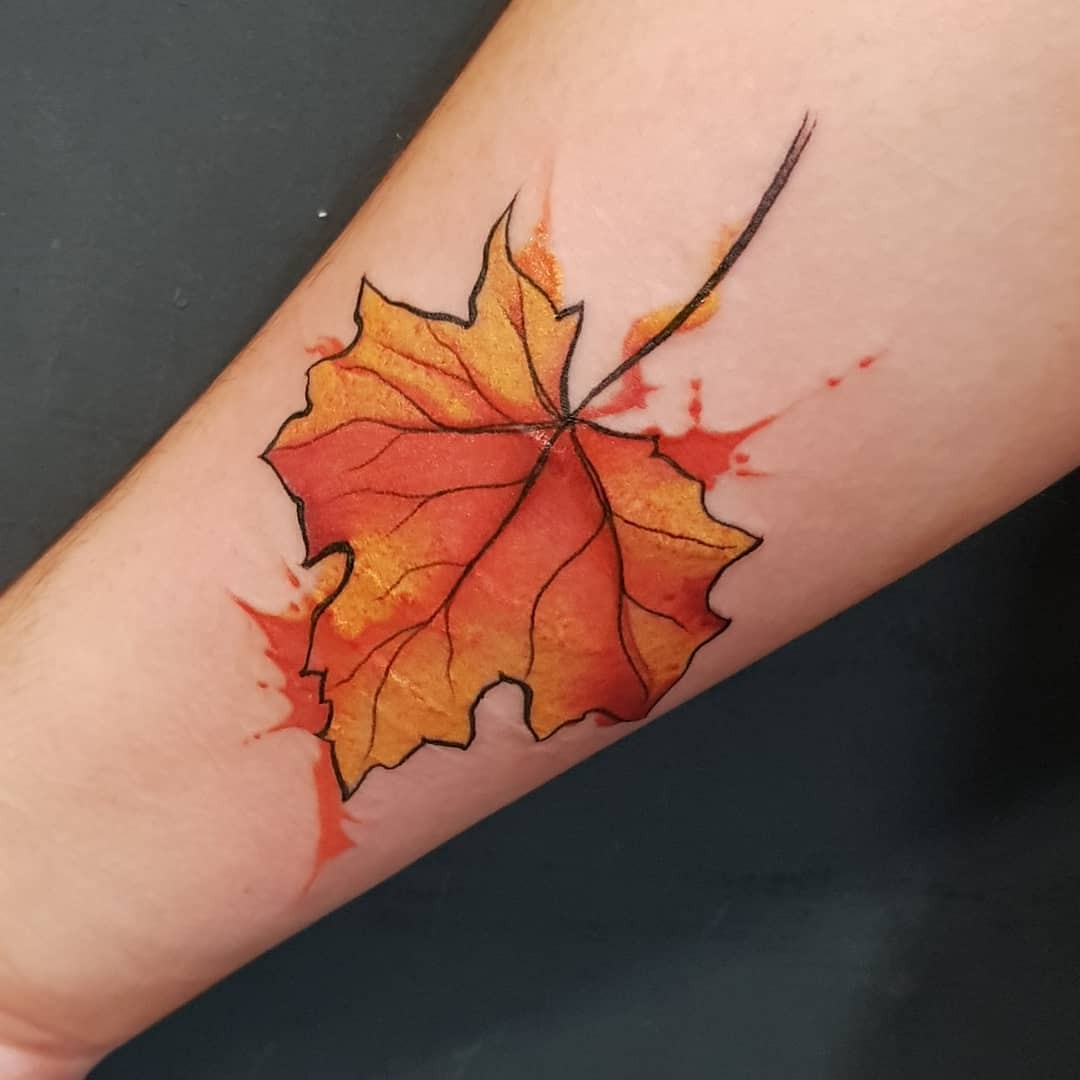 Pretty Watercolor Autumn Leaf Tattoo