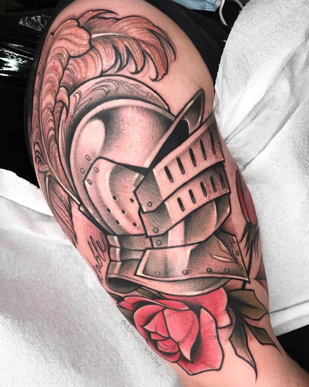 Traditional Templar Knight Wearing Helmet Tattoo Art With Rose Knight Tattoo Ideas For Men