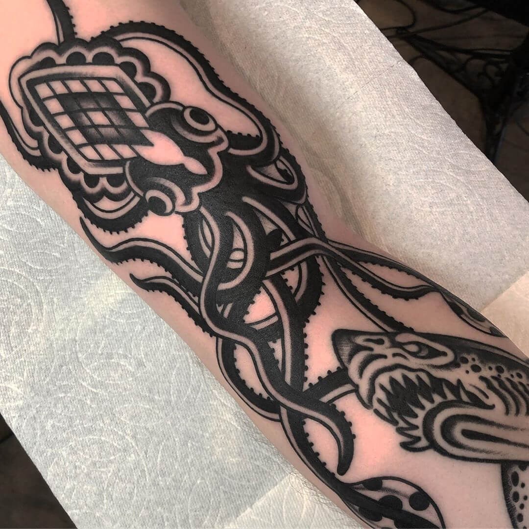 Awesome Bold Black Inkwork Tribal Giant Squids Vs Great White Shark Tattoo For Men