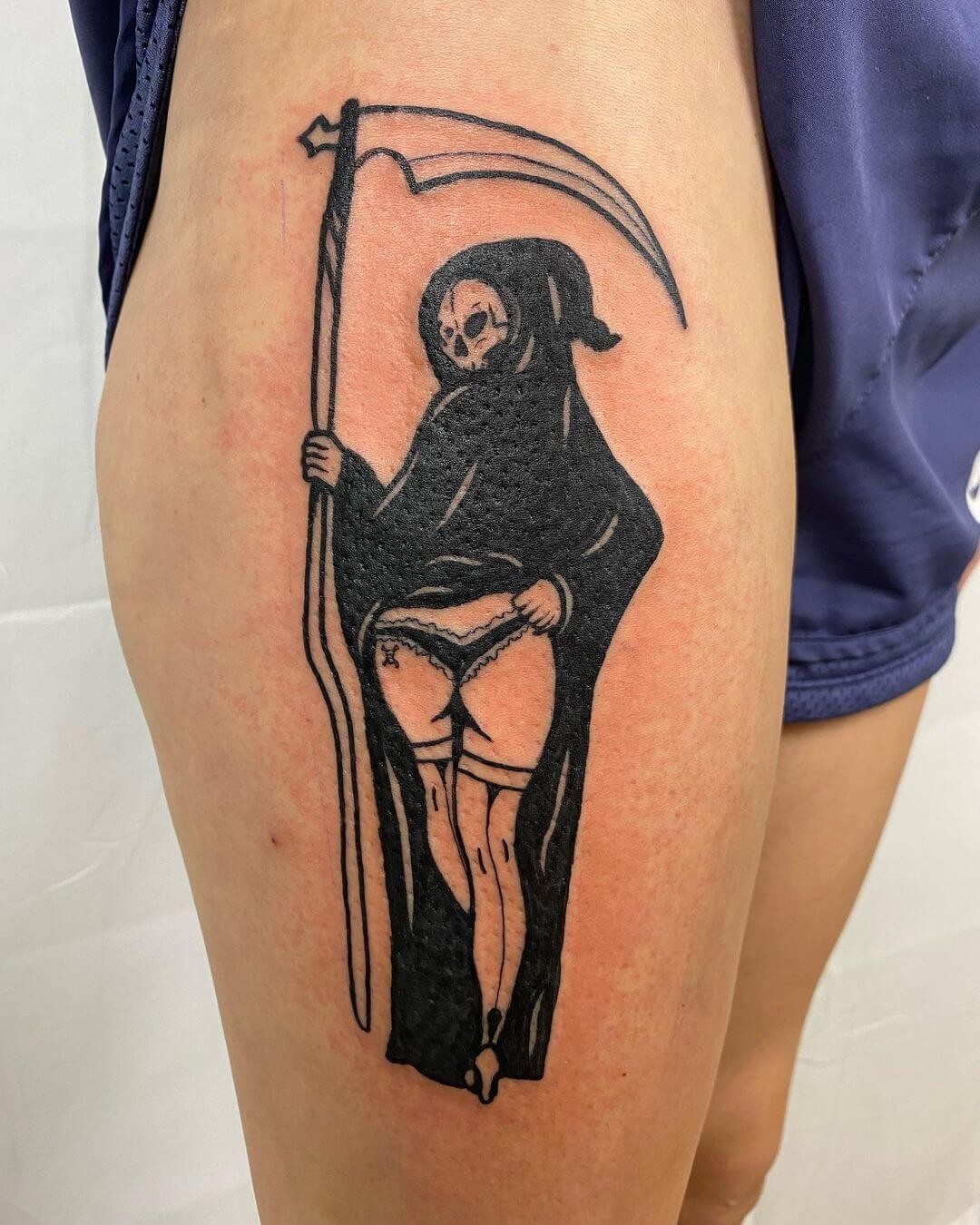 Cheeky Female Grim Reaper With Fishnets Tattoo