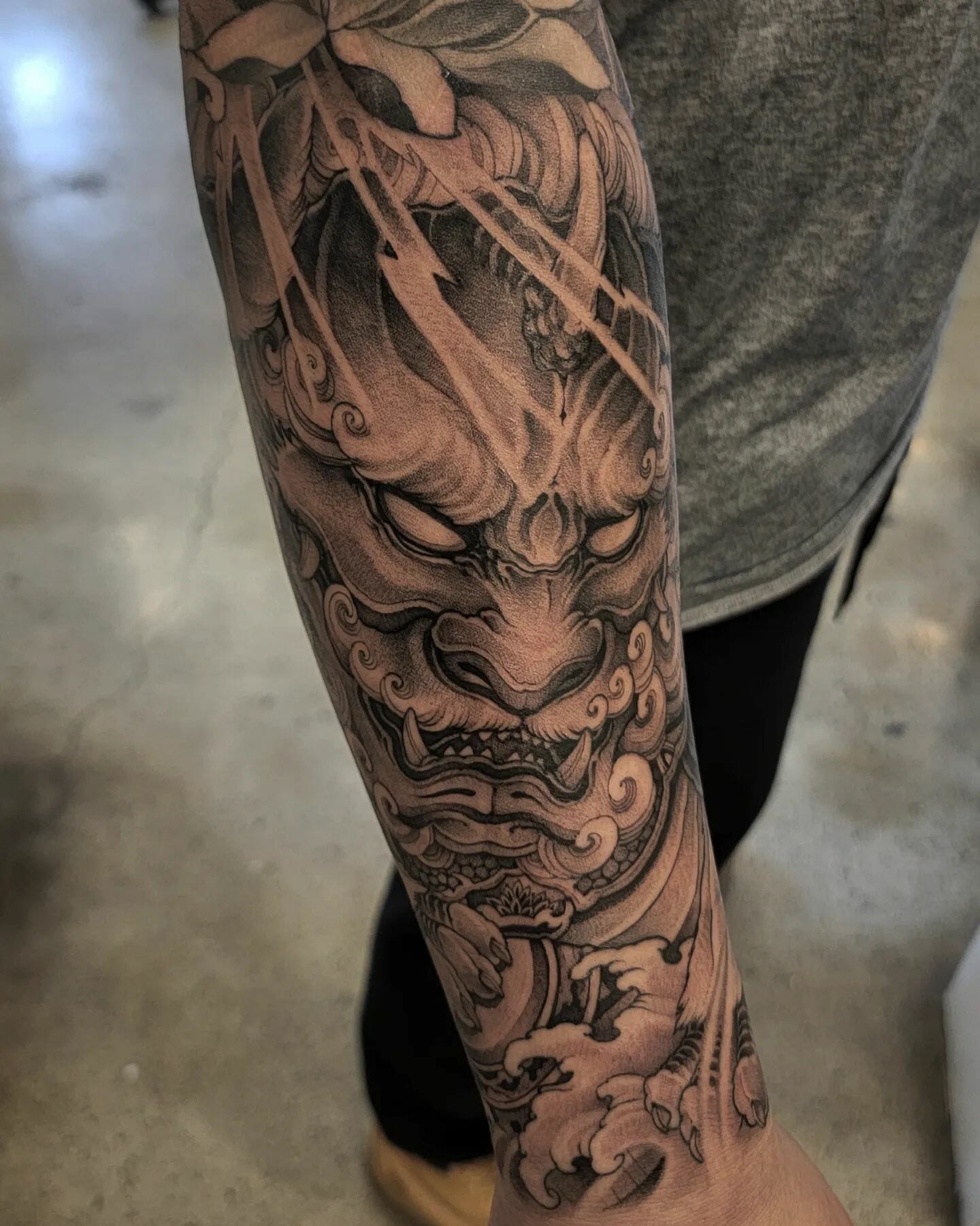 Detailed Foo Dog Forearm Sleeve Tattoo Ideas