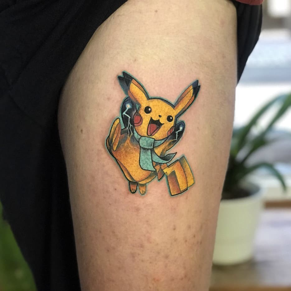 Trippy 3D Like Ready For Electric Shock Small Pikachu Tattoo Bicep Placement