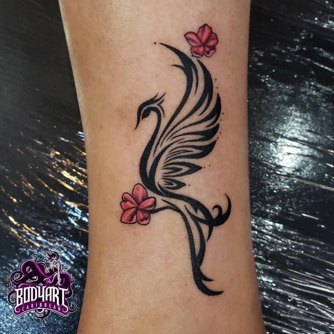 Flowers And Outlined Phoenix Tattoo Images