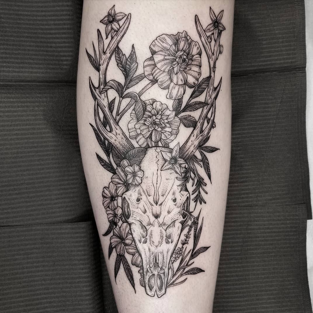 Deer Skull Tattoo With Flowers