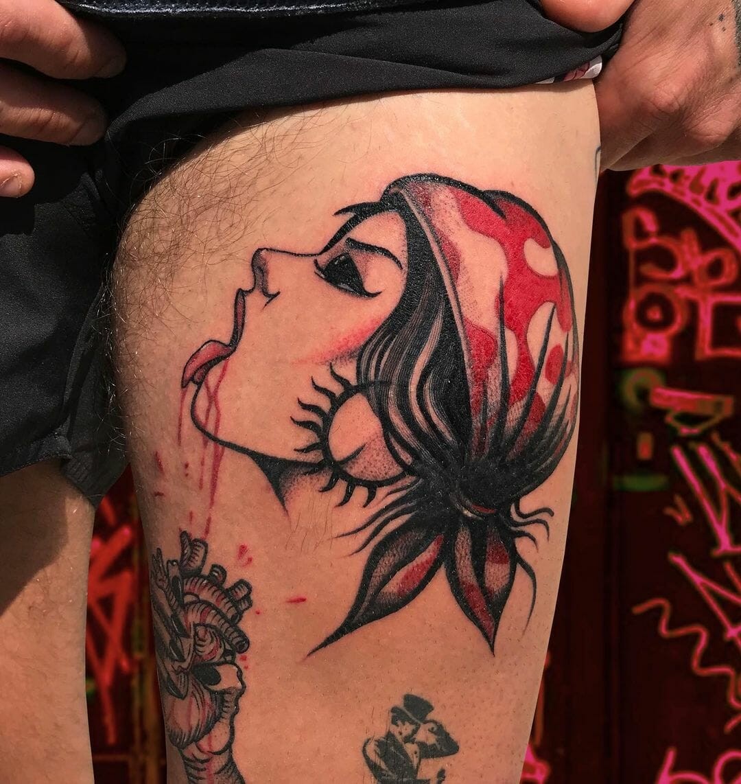 Large Female Pirate Face Tattoo With A Human Heart