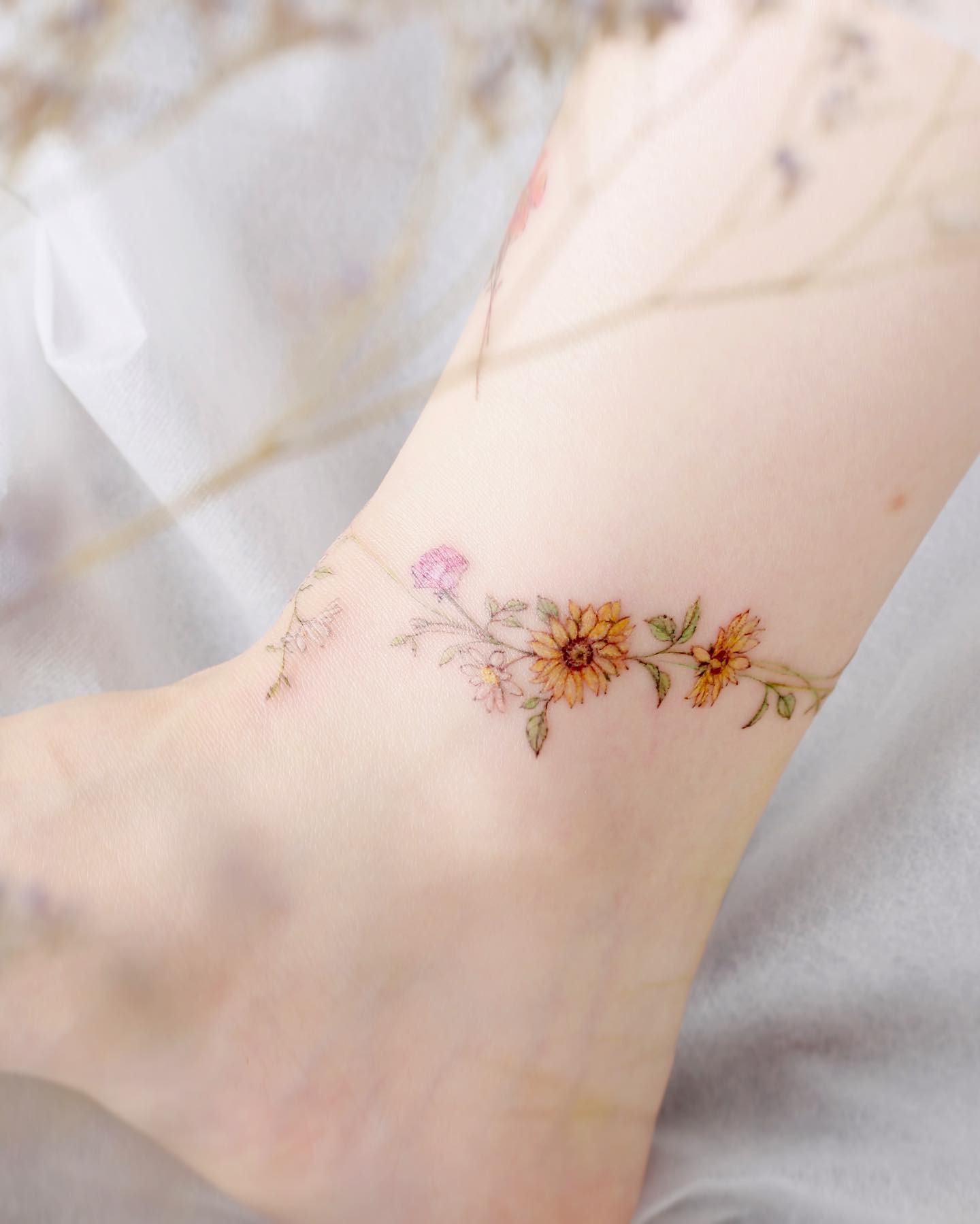 Band Of Flowers Sunflower Ankle Tattoo