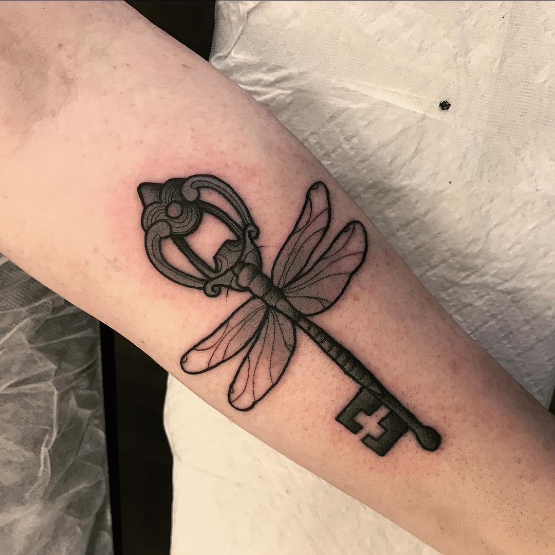 Greyscale Dragonfly Key Tattoo