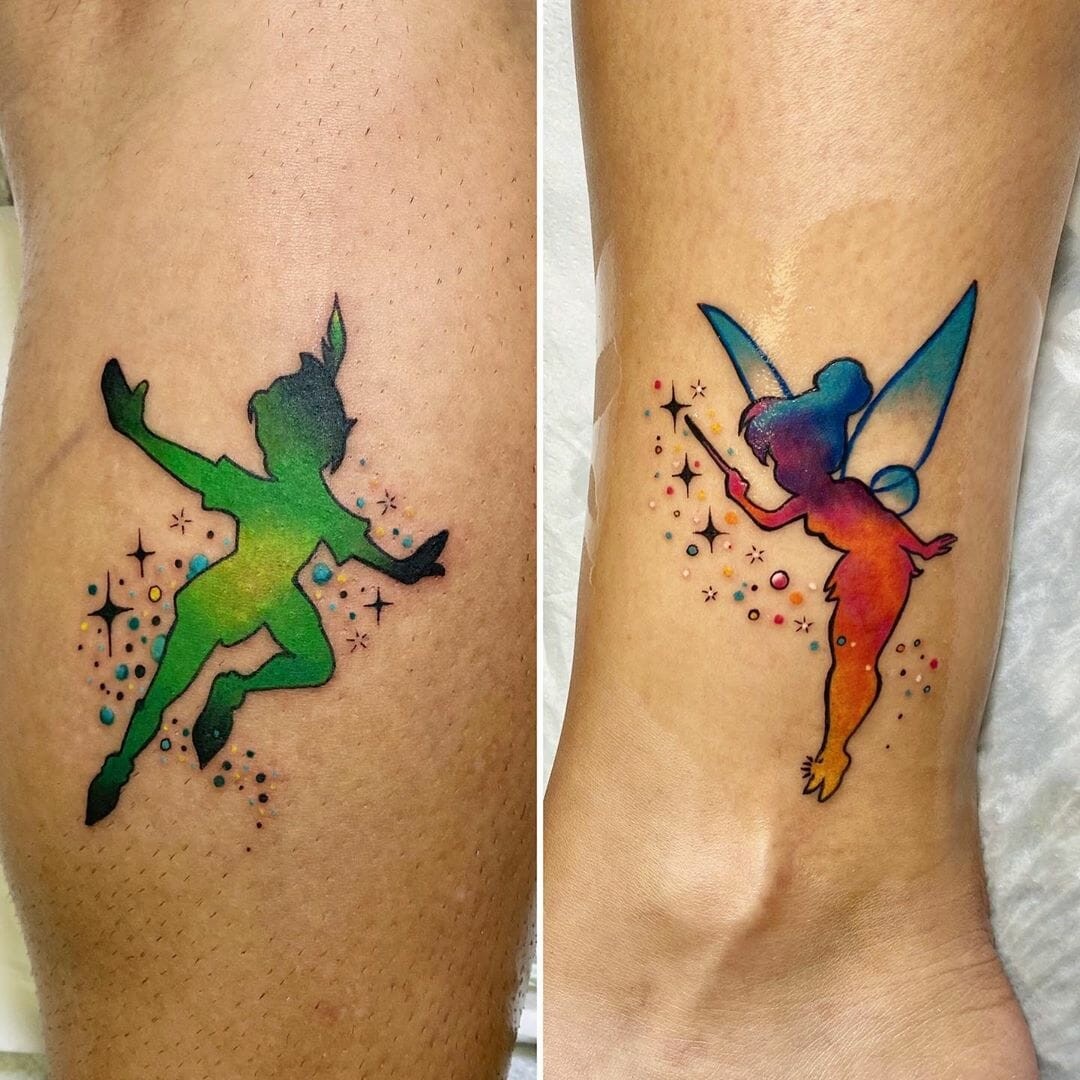 Matching Colorful Peter Pan and Tinkerbell Tattoos