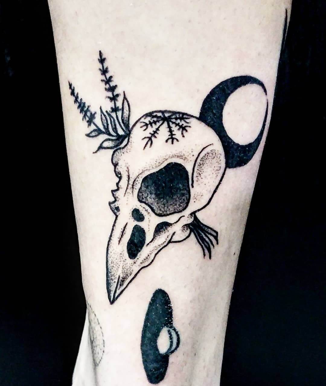 Unique Raven Skull With Helm Of Awe Tattoo And Moon Sage Design Idea Magical Tattoo