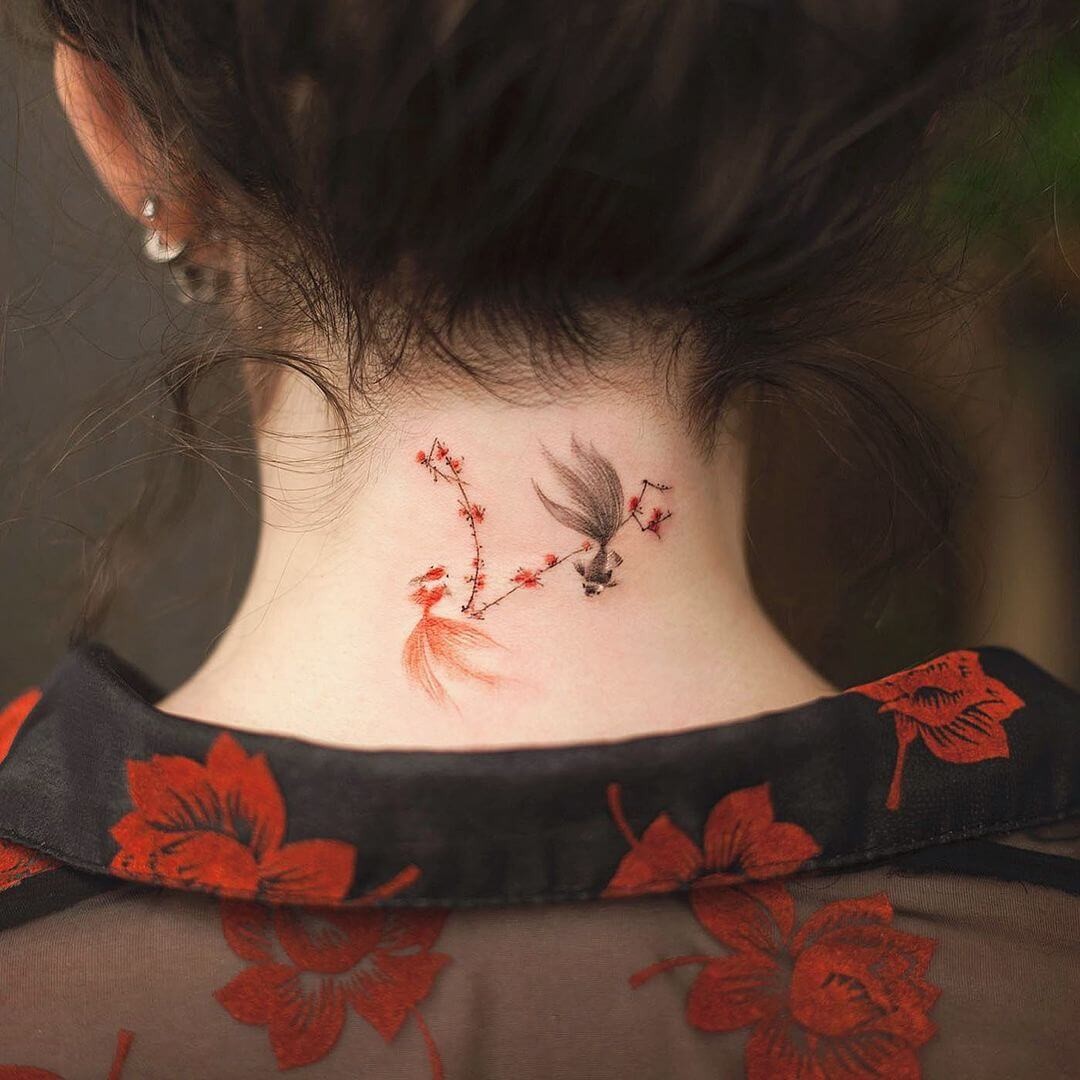 Koi Fish Back Neck Tattoo