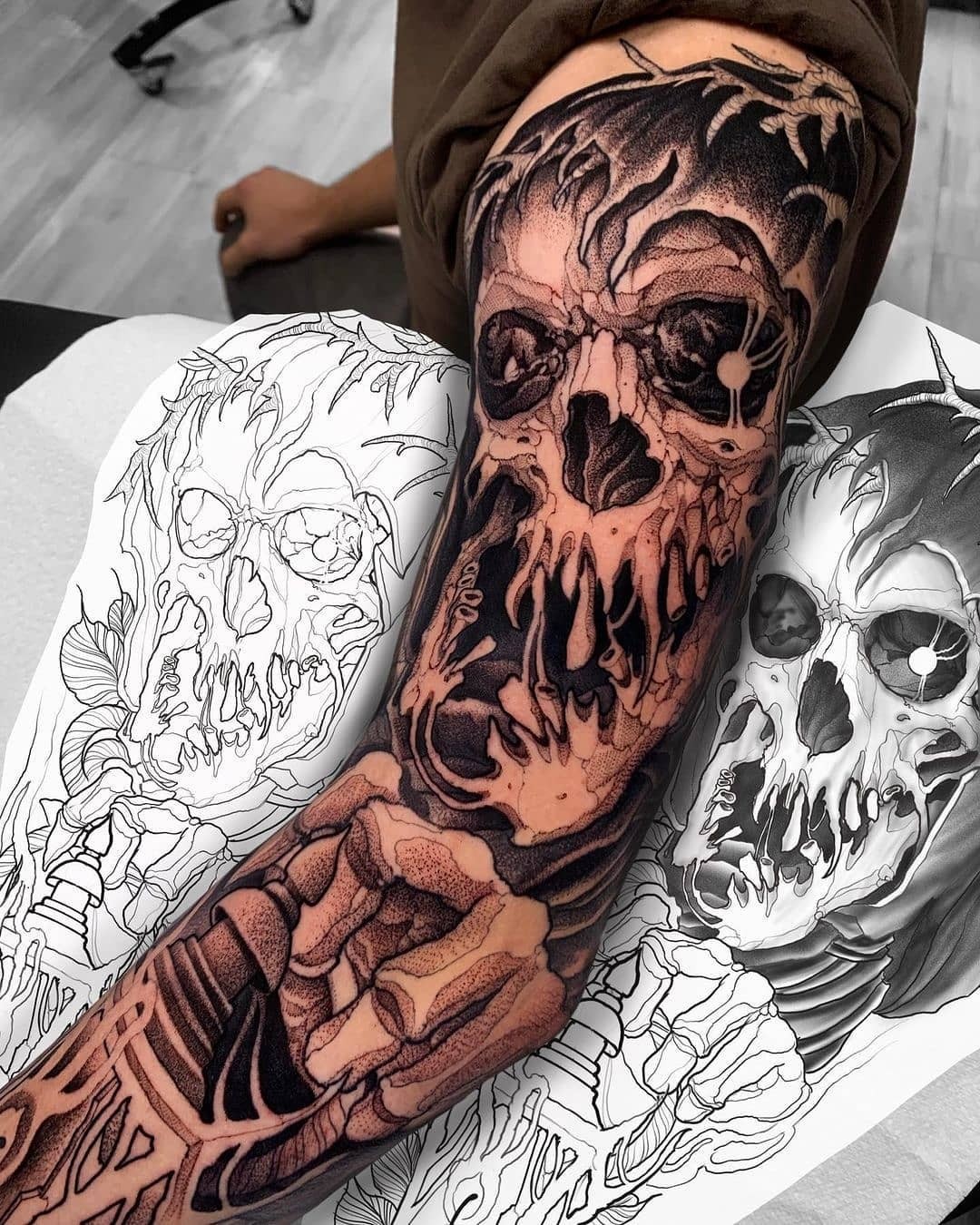 Full Sleeve Skull And Roses Tattoo