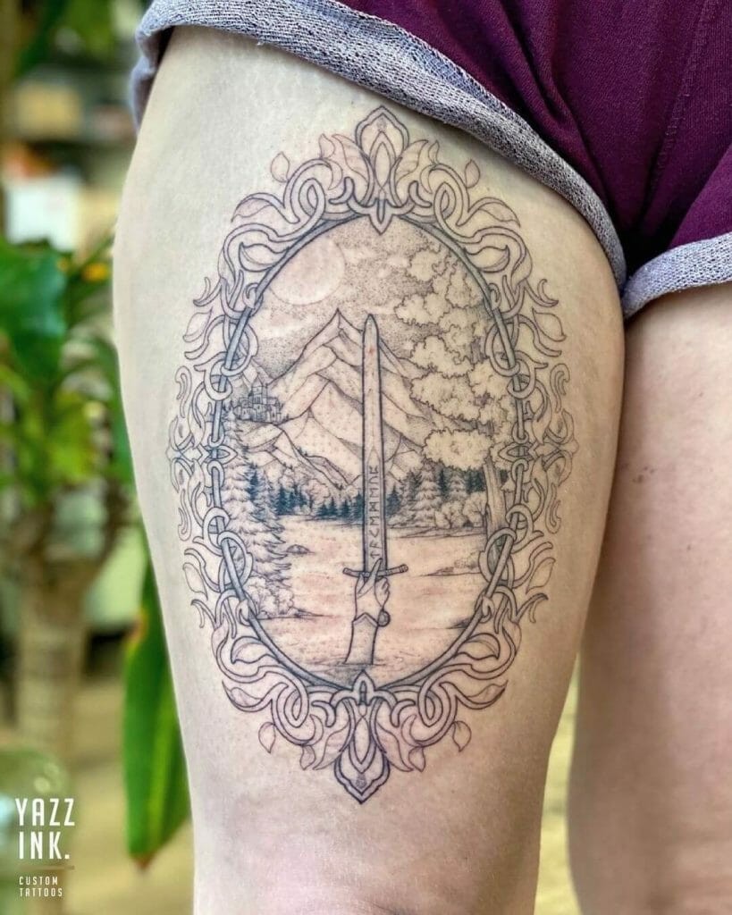 Mythical Sword Thigh Tattoo