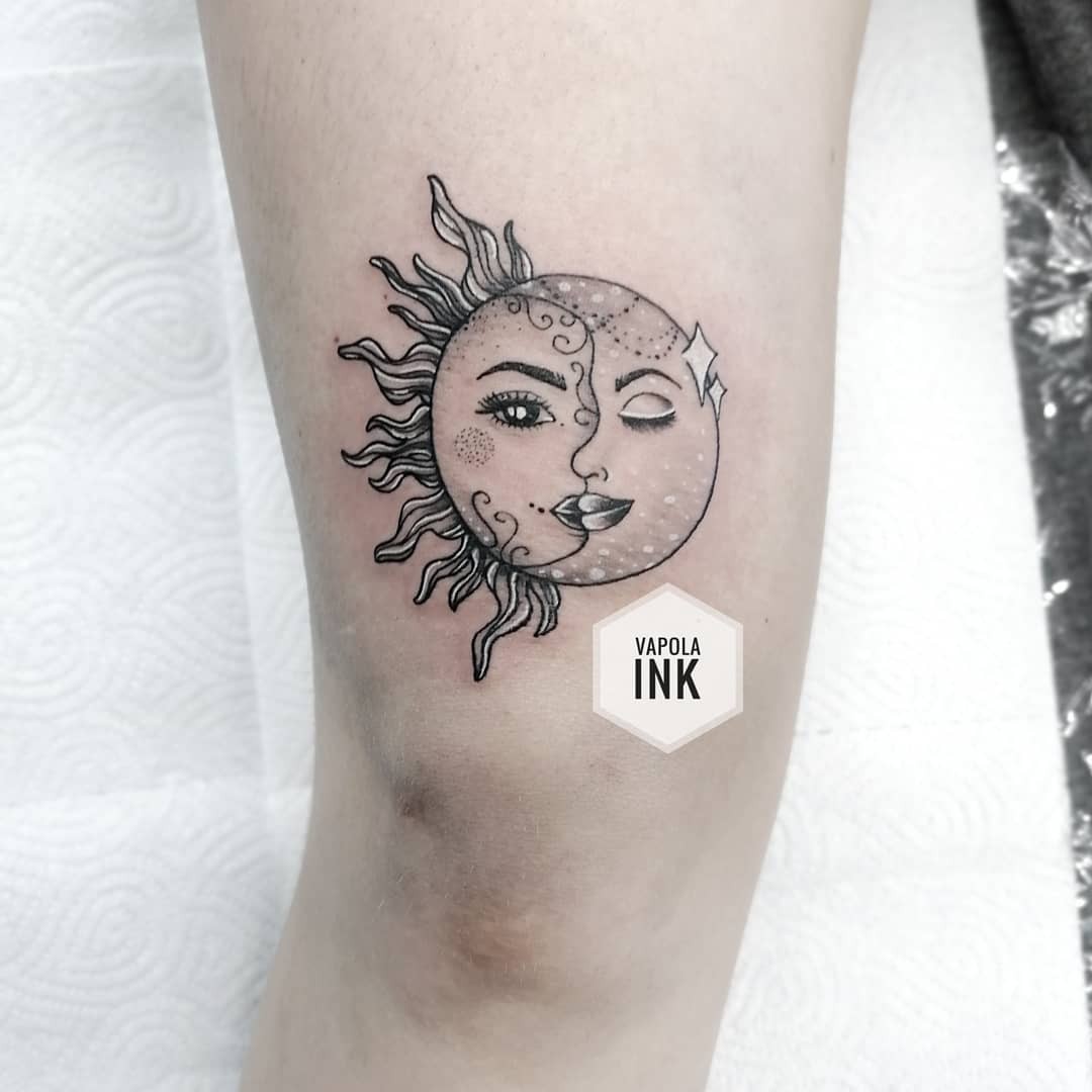 Sun And Moon Above The Knee Tattoos