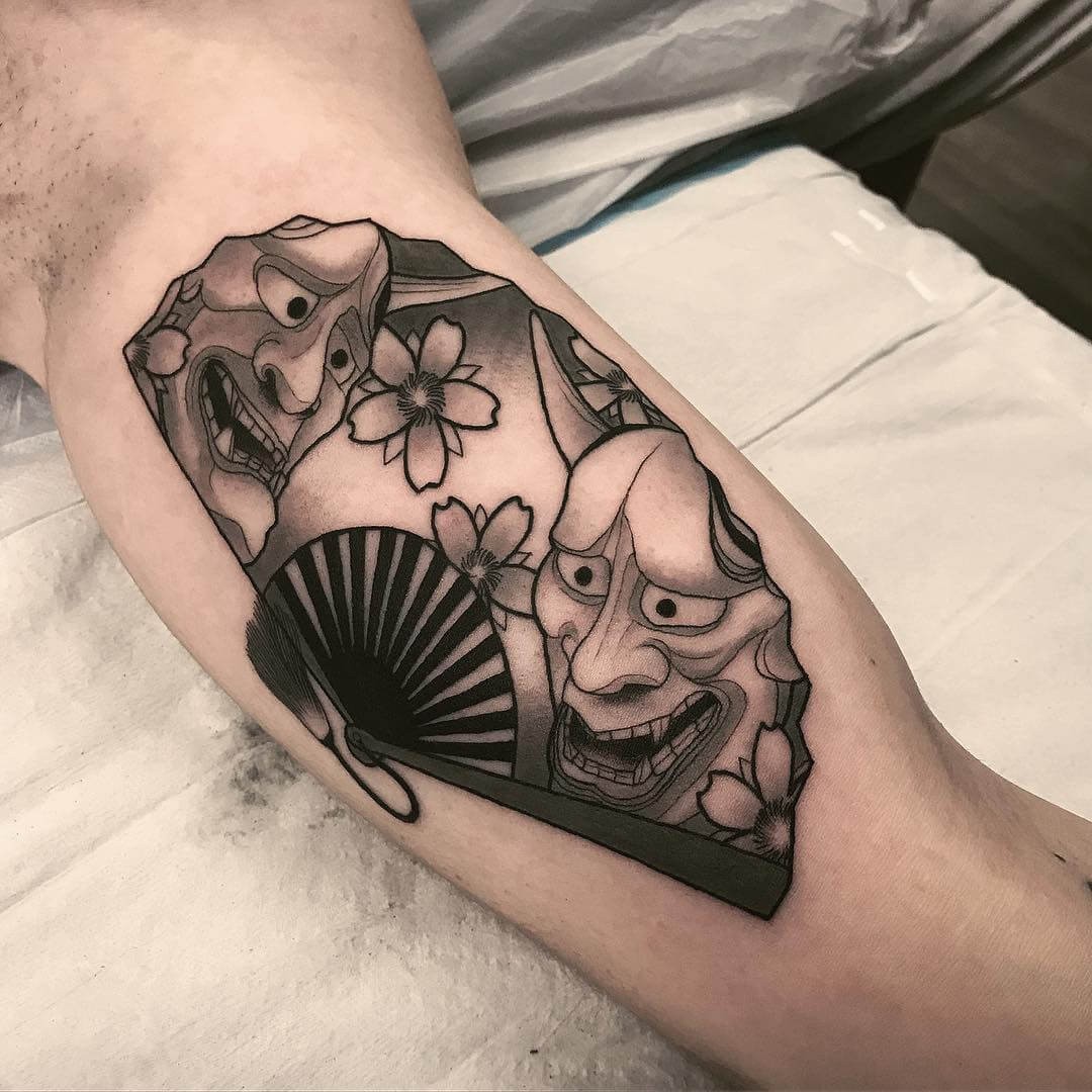 Black Mask Japanese Fan Tattoo