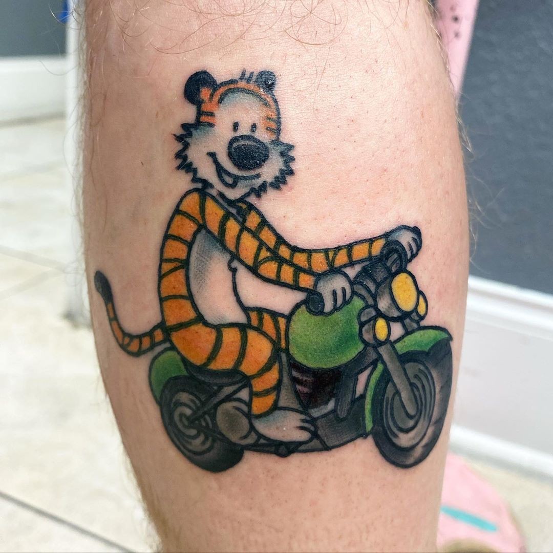 Colored Inks Calvin ‘s Stuffed Tiger From Calvin And Hobbes Comic Tattoo Piece