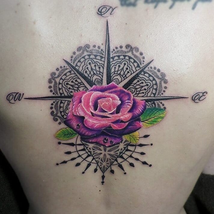 Rose With Clock And Compass Tattoos