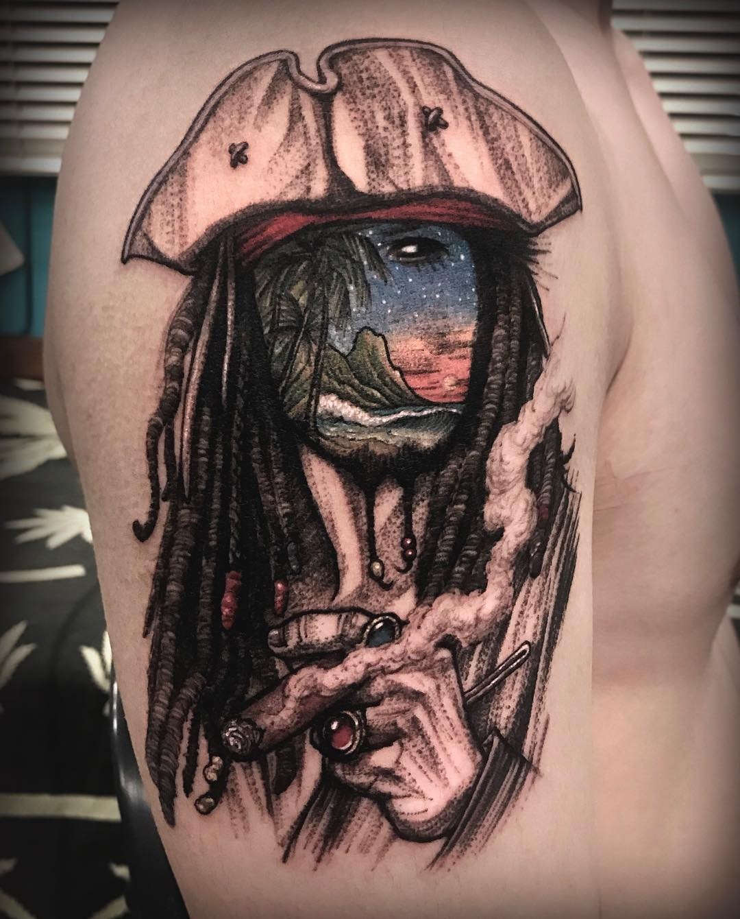 Unique Artistic Shoulder Placement Captain Jack Sparrow Tattoos