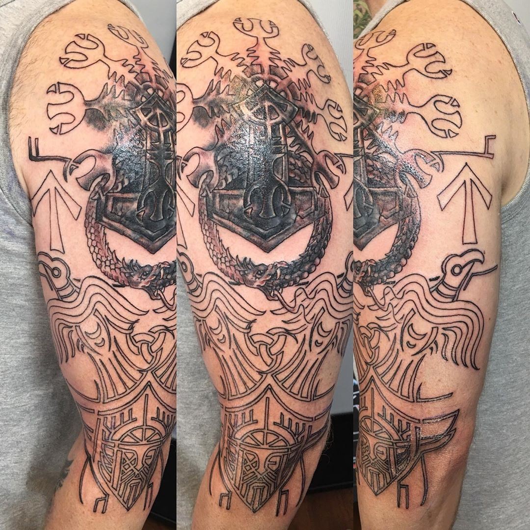 Start Of An Epic Norse Viking Tattoo Sleeve Ouroboros Ravens And Helm Of Awe Tattoo