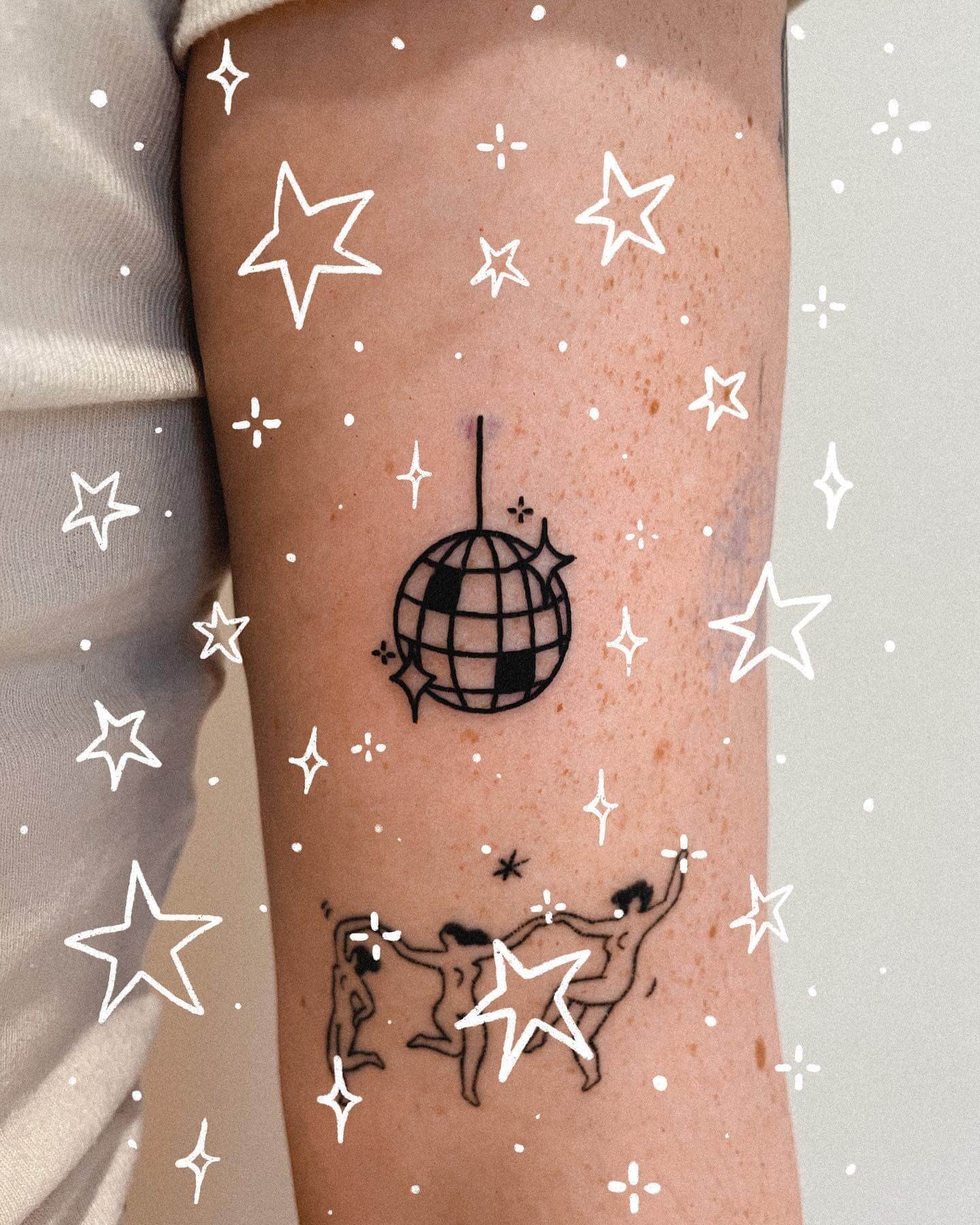 Dancing Women Cool Star-Themed Disco Ball Tattoo Idea