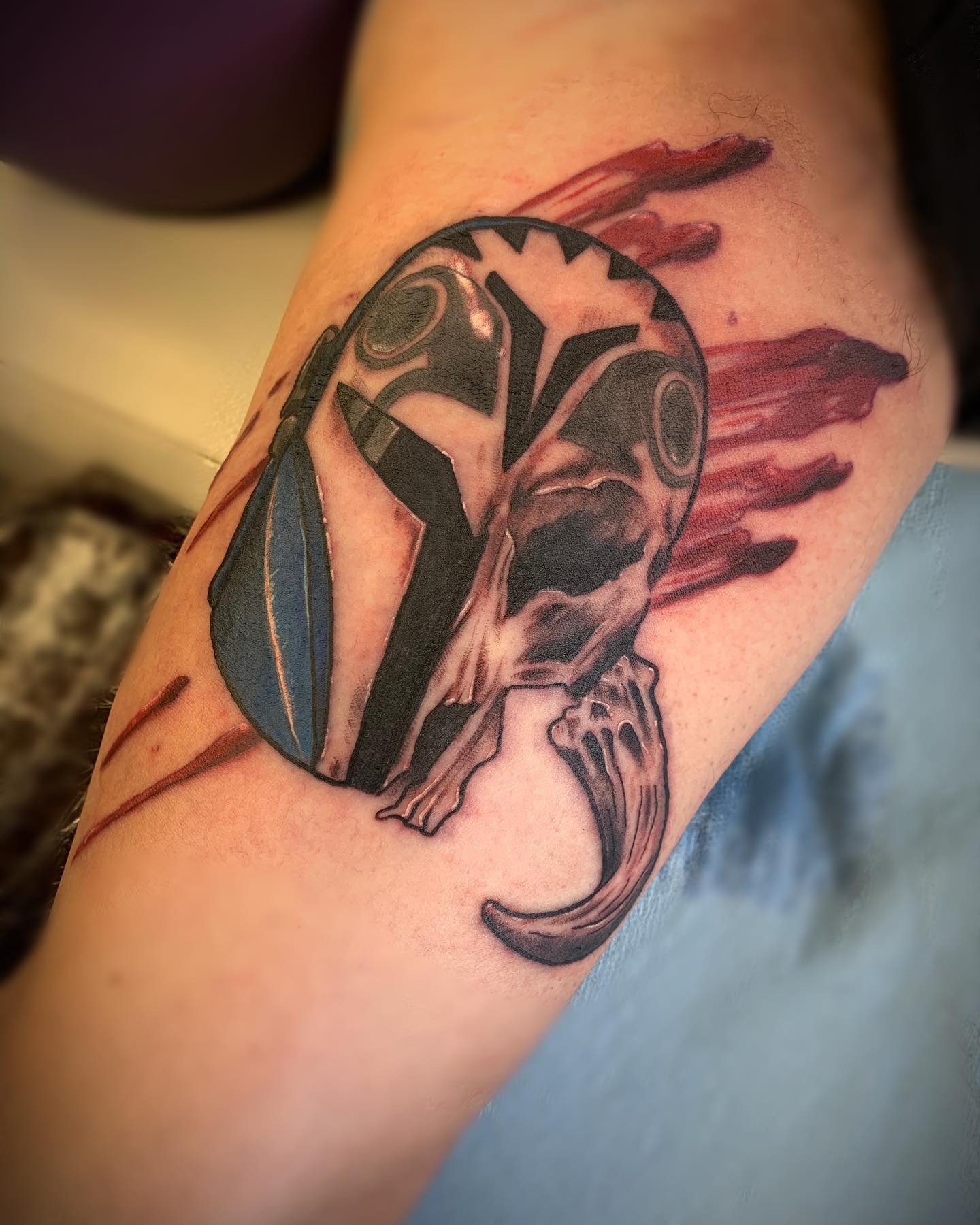 Mandalorian Helmet And Mythosaur Skull Juxtaposition Tattoo