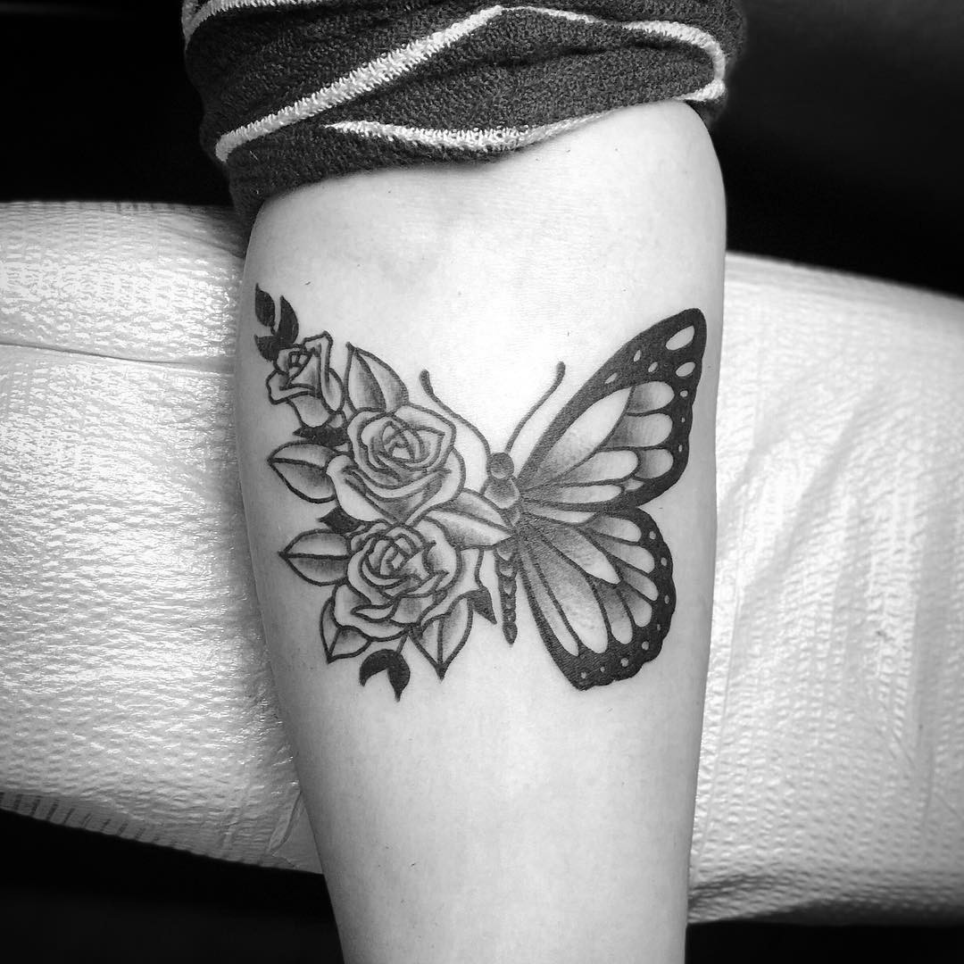 Black Rose with Butterfly Tattoo