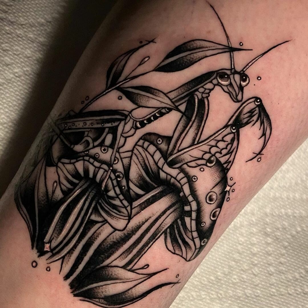 Blackwork Praying Mantis Tattoo