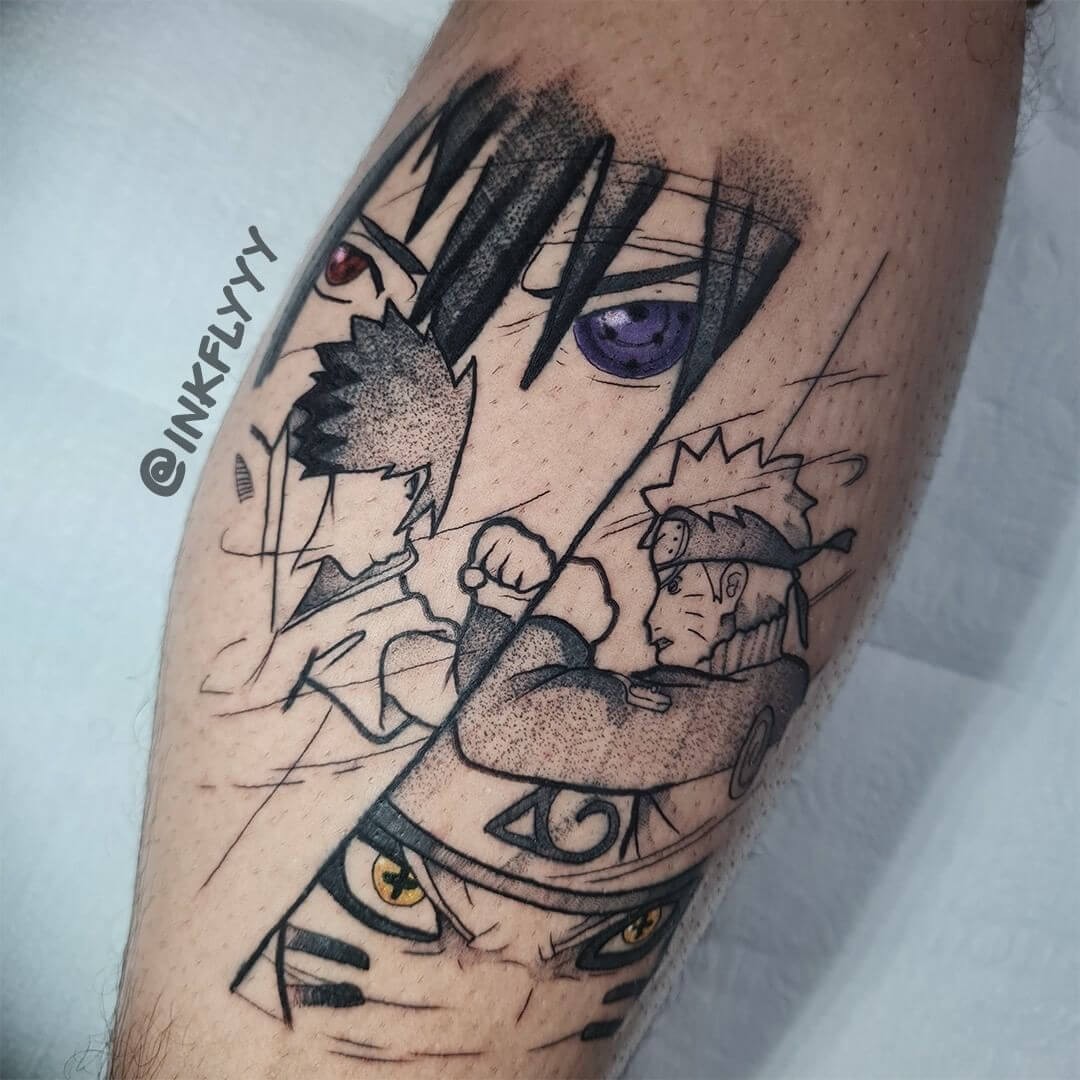 Partial Colour Fighting Naruto Sasuke Tattoo