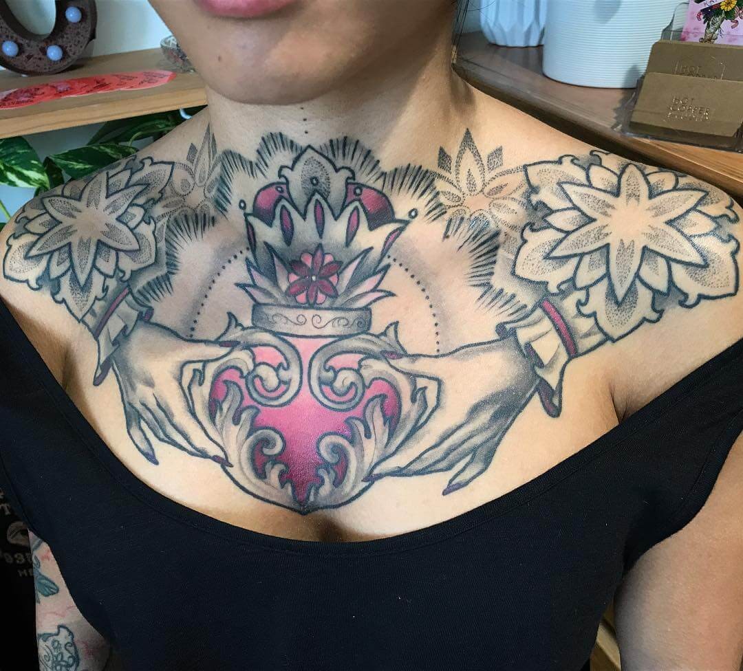 Claddagh Tattoo Design Over Chest