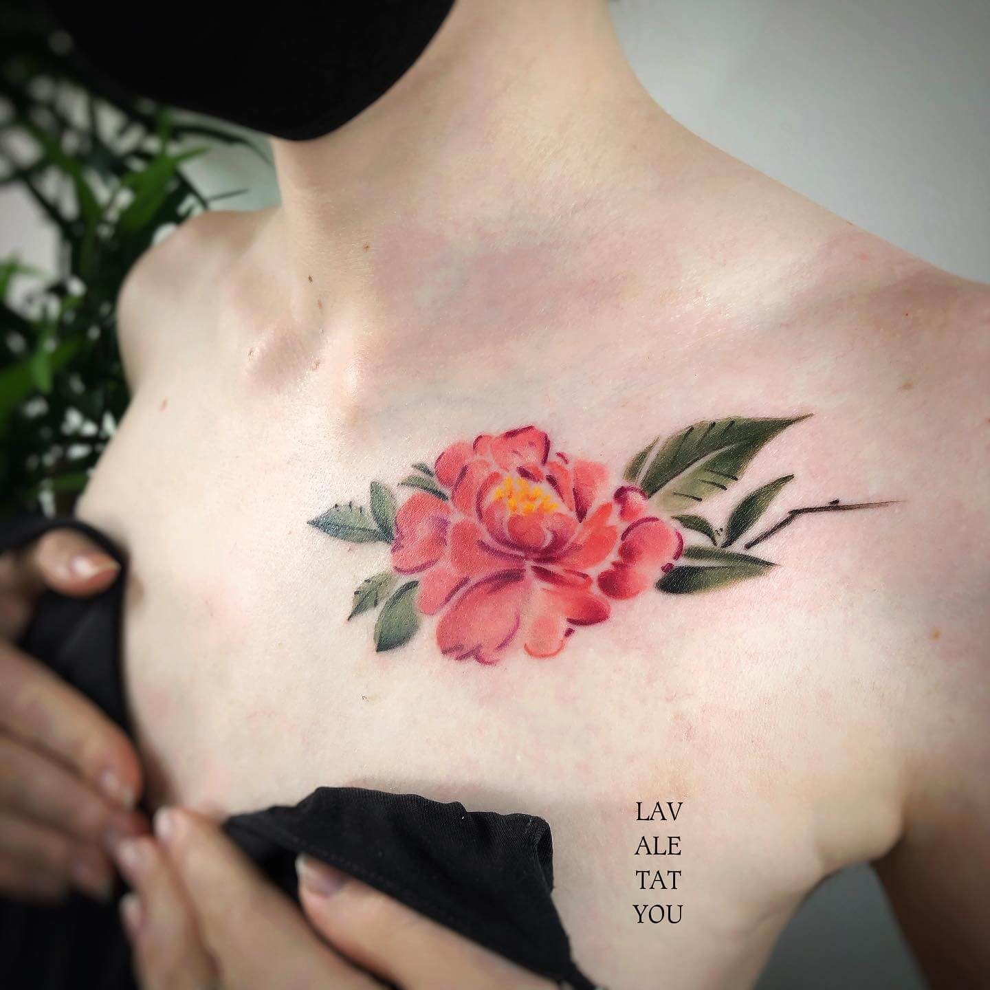 Traditional Peony Tattoo On Collarbone