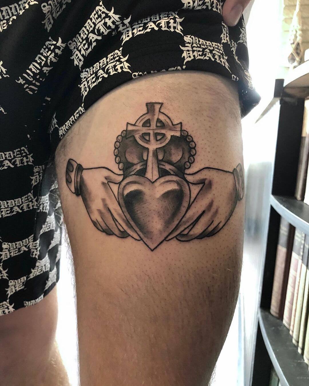 Claddagh Cross Tattoo On Leg