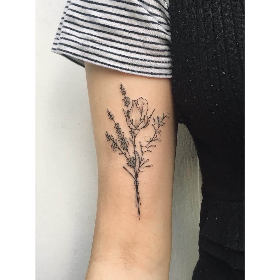 Rose Bud Tattoos With Other Flowers