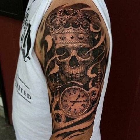 Skull And Crowns Tattoo With A Stopwatch And Intricate Designs