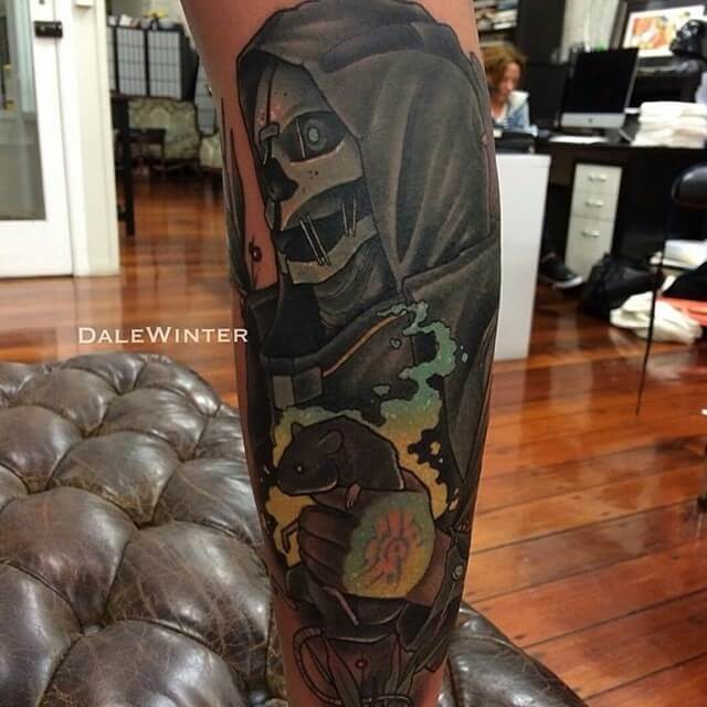 Amazing Gamer Tattoo DIshonored 2 Art Work In Color Leg Sleeve Tattoo For Men