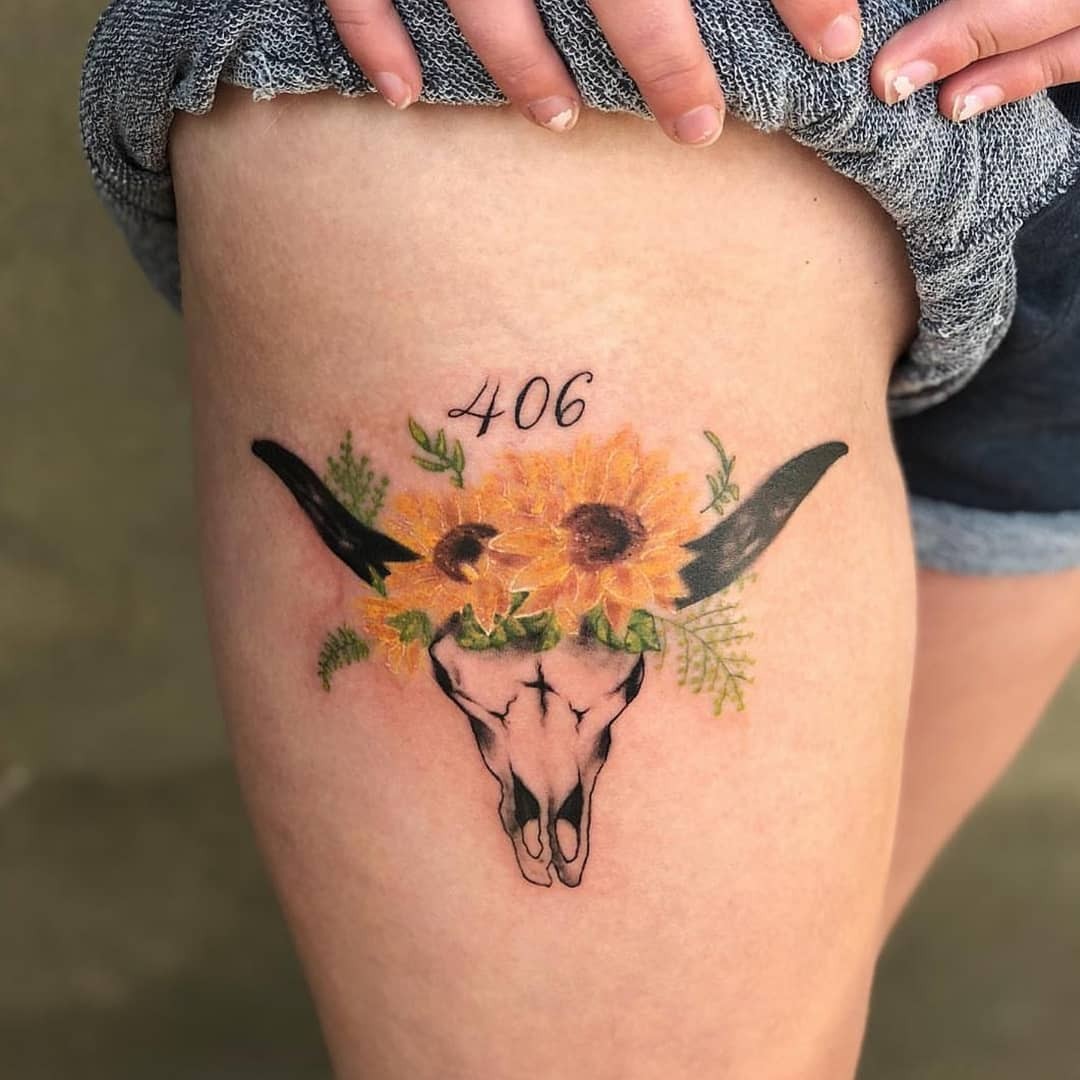 Cute Bull Skull X Sunflowers Tattoo