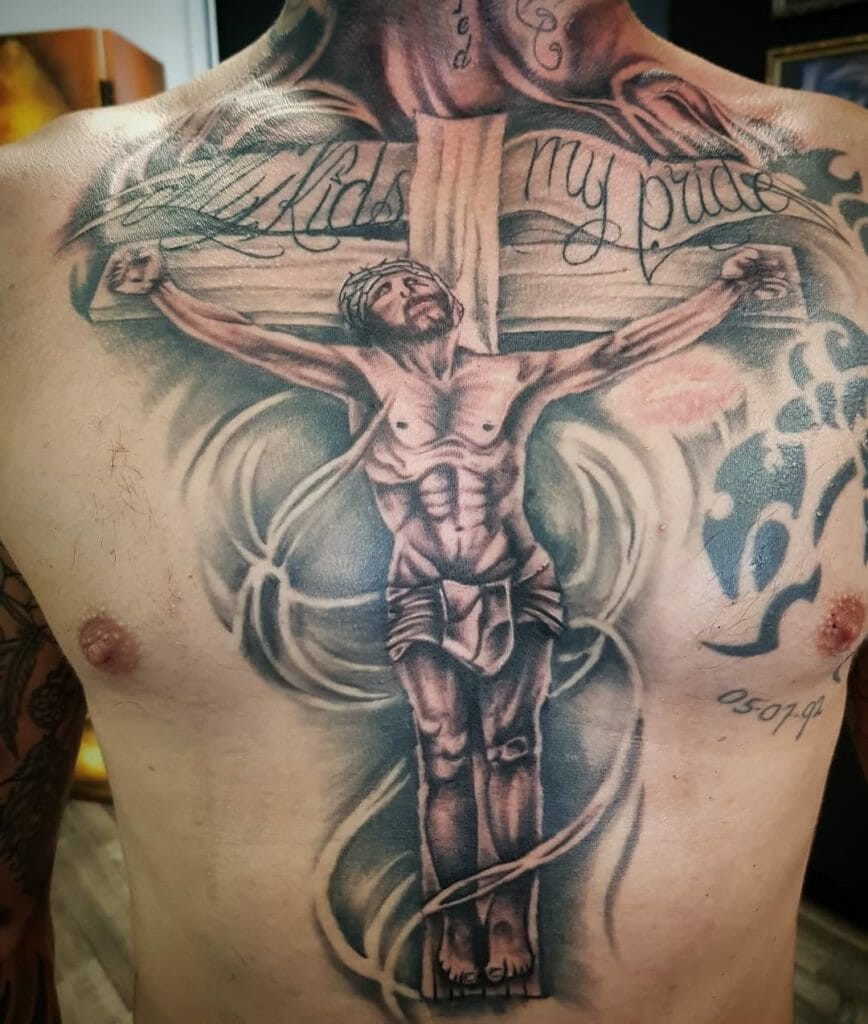 Jesus Crucifixion Tattoo On The Chest Area