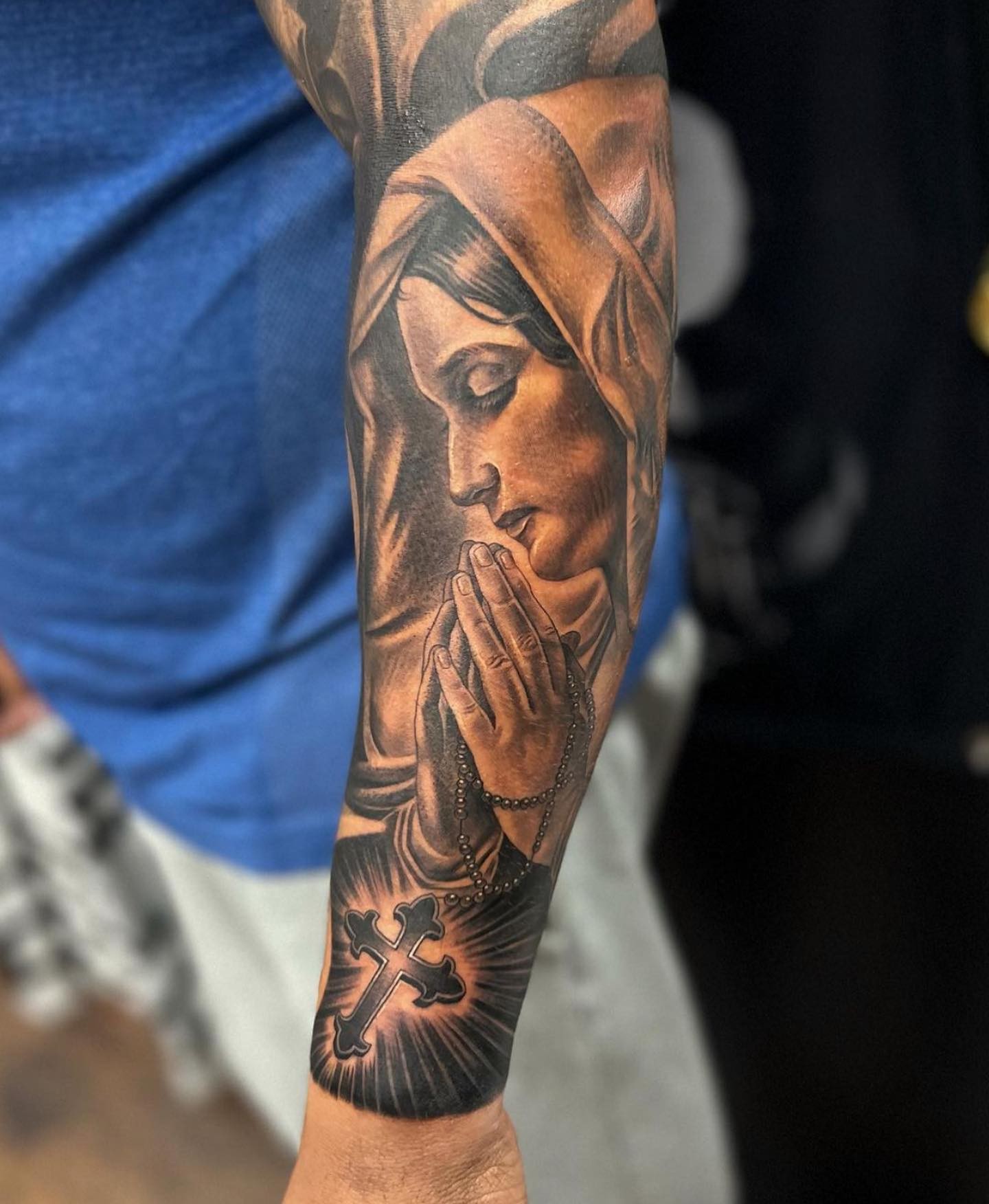 Half Sleeve Virgin Mary Tattoo