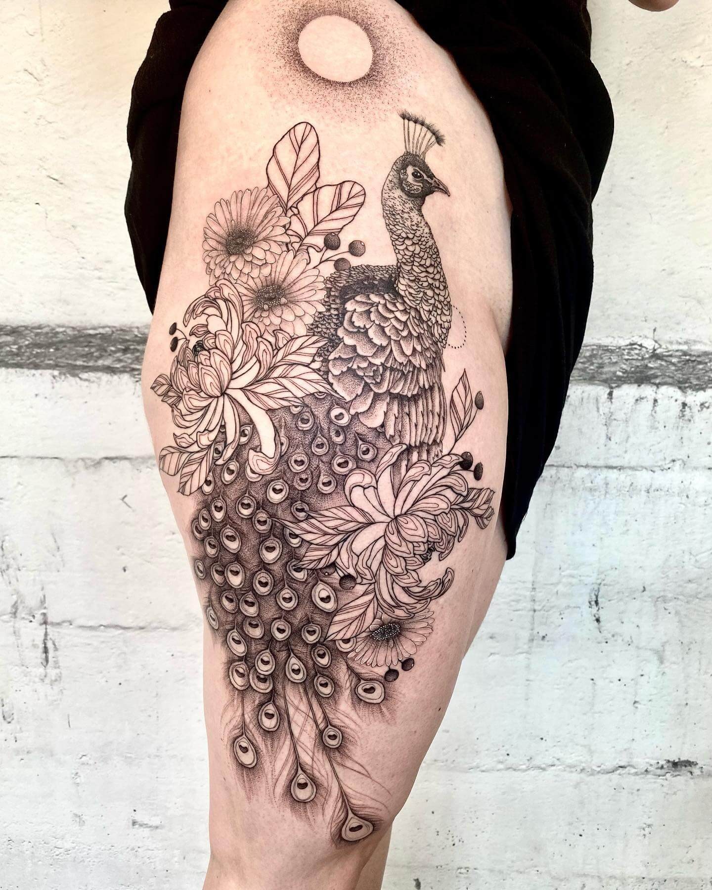 Monochrome Peacock Tattoo