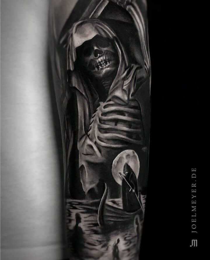 Black And Grey Themed Reaper Visionary Tattoo