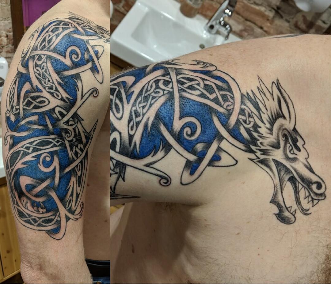 Shaded Dragon Celtic Tattoo Over Shoulder & Arm