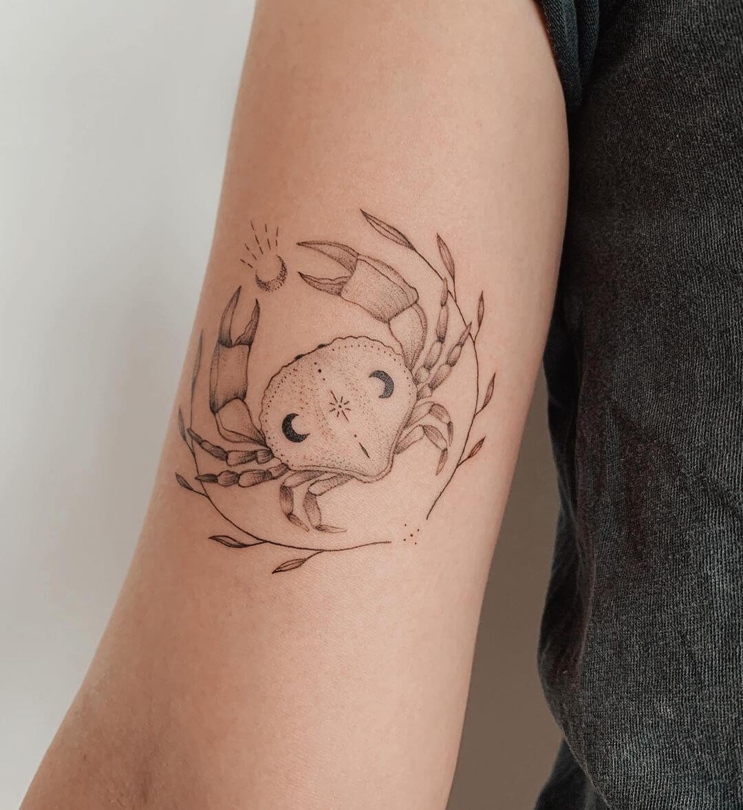 Dainty Tattoo Of Cancer Crab And Moon